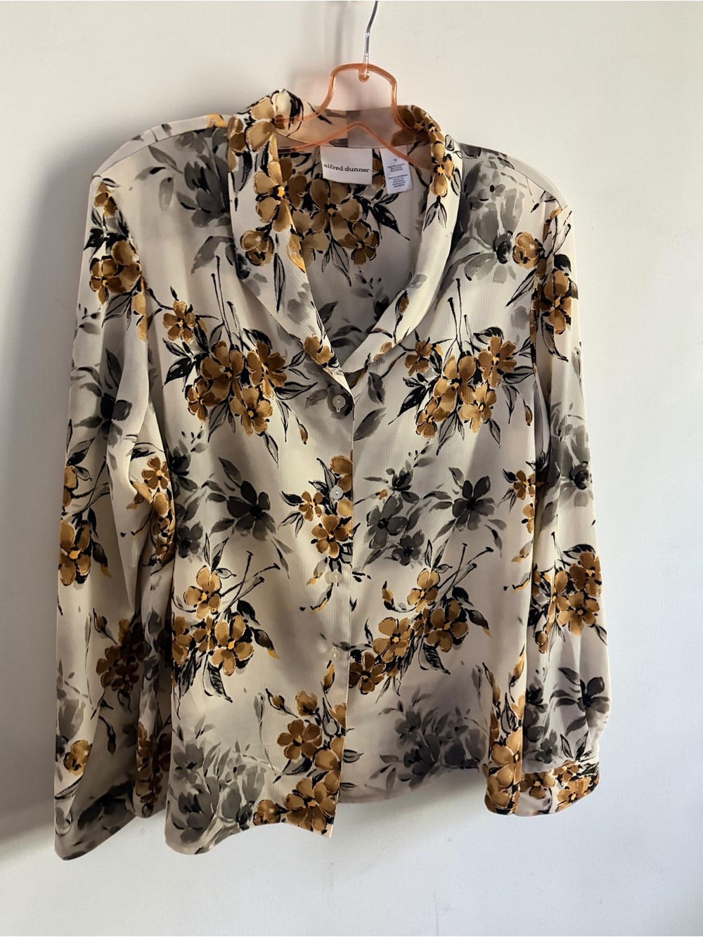 Alfred Dunner Cream Floral Button-Up Blouse with Mustard and Gray Blooms